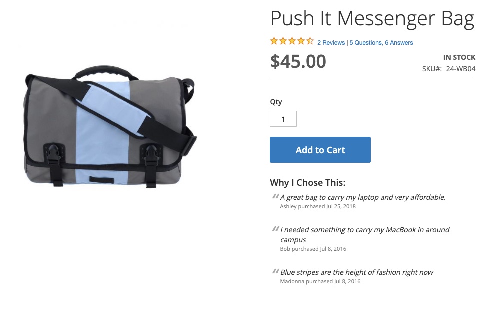 The "checkout comments" are displayed on the corresponding product detail page
